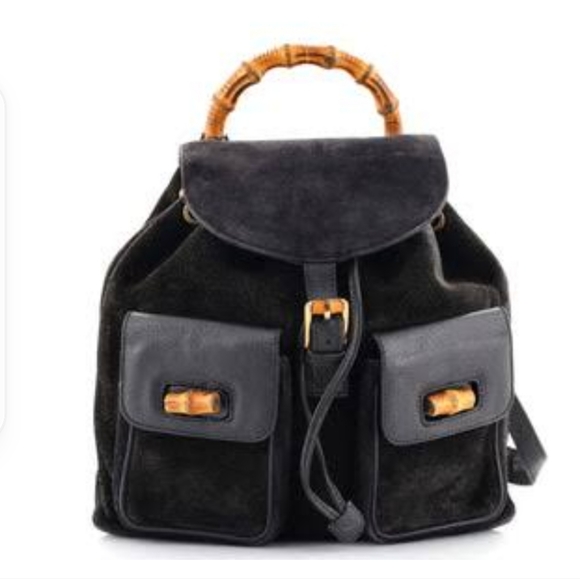 Gucci Handbags - Gucci Vintage Black Suede & Leather Bamboo Backpack